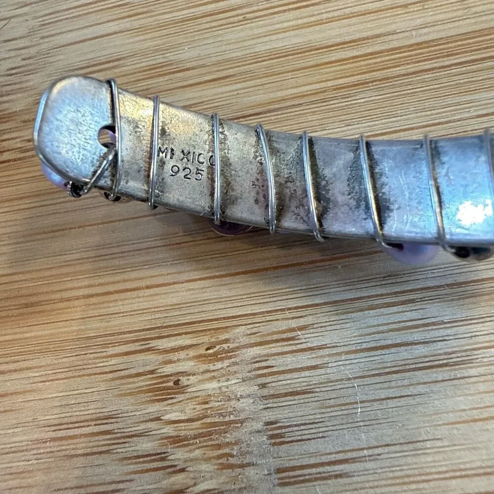 LAVENDER PURPLE PEARL BEAD WIRED BRACELET ON 925 SILVER BANGLE CUFF